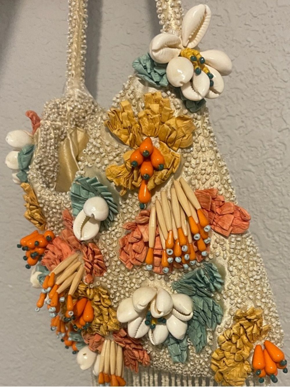 Viral Beaded Bag - Floral Fringe Satchel - Ivory with Orange & Teal Accents - Picture 5 of 12